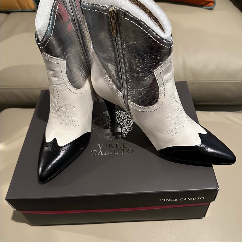 Vince Camuto Western Style Silver, White and Black Heeled Boots